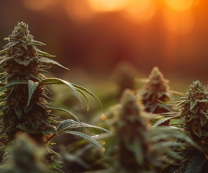 Fleurs de cannabis en pleine maturité au lever du soleil
