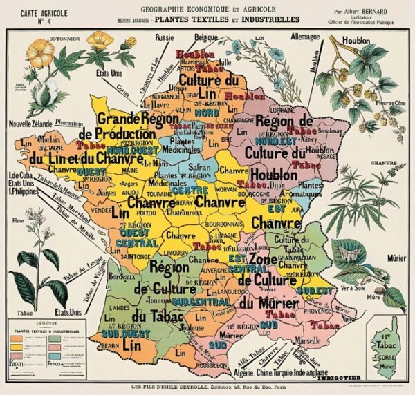 Carte agricole : plantes textiles et industrielles, le Chanvre